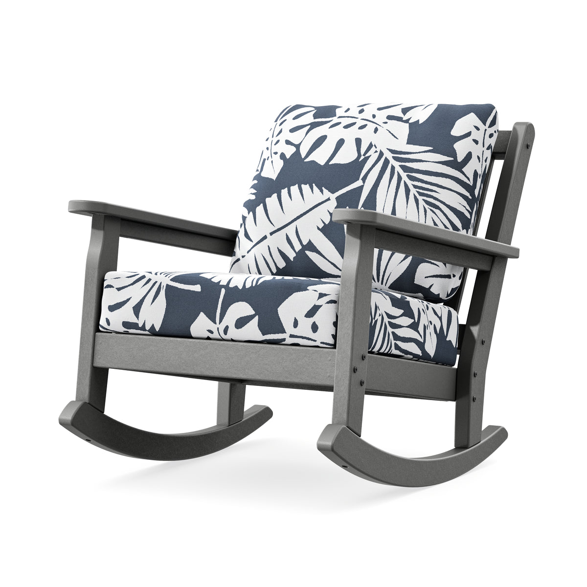 POLYWOOD Chippendale Deep Seating Rocking Chair in Slate Grey / Leaf Marine Indigo