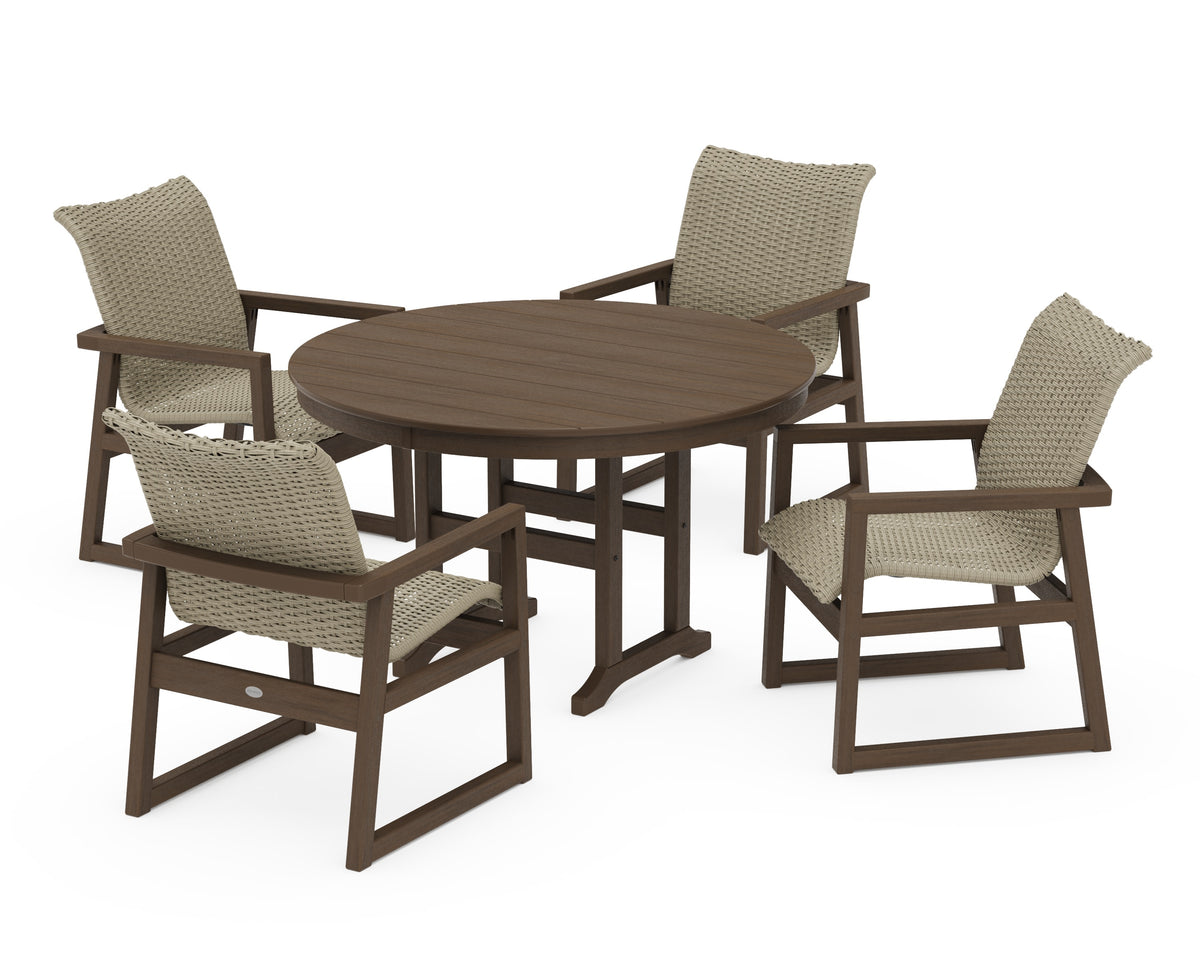 POLYWOOD EDGE Woven 5-Piece Round Farmhouse Dining Set in Kona / Dune Grass