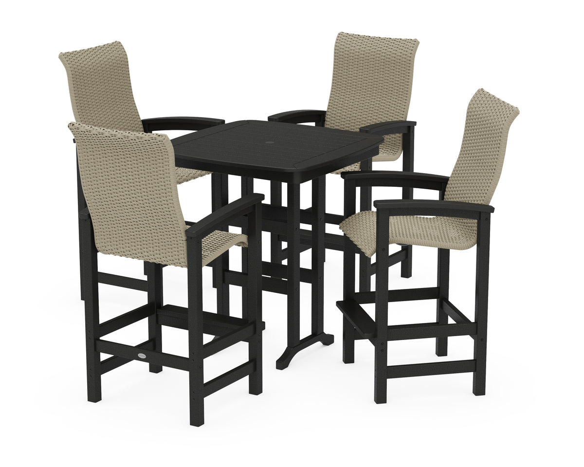 POLYWOOD Coastal Woven High-Back 5-Piece Bar Set in Black / Dune Grass