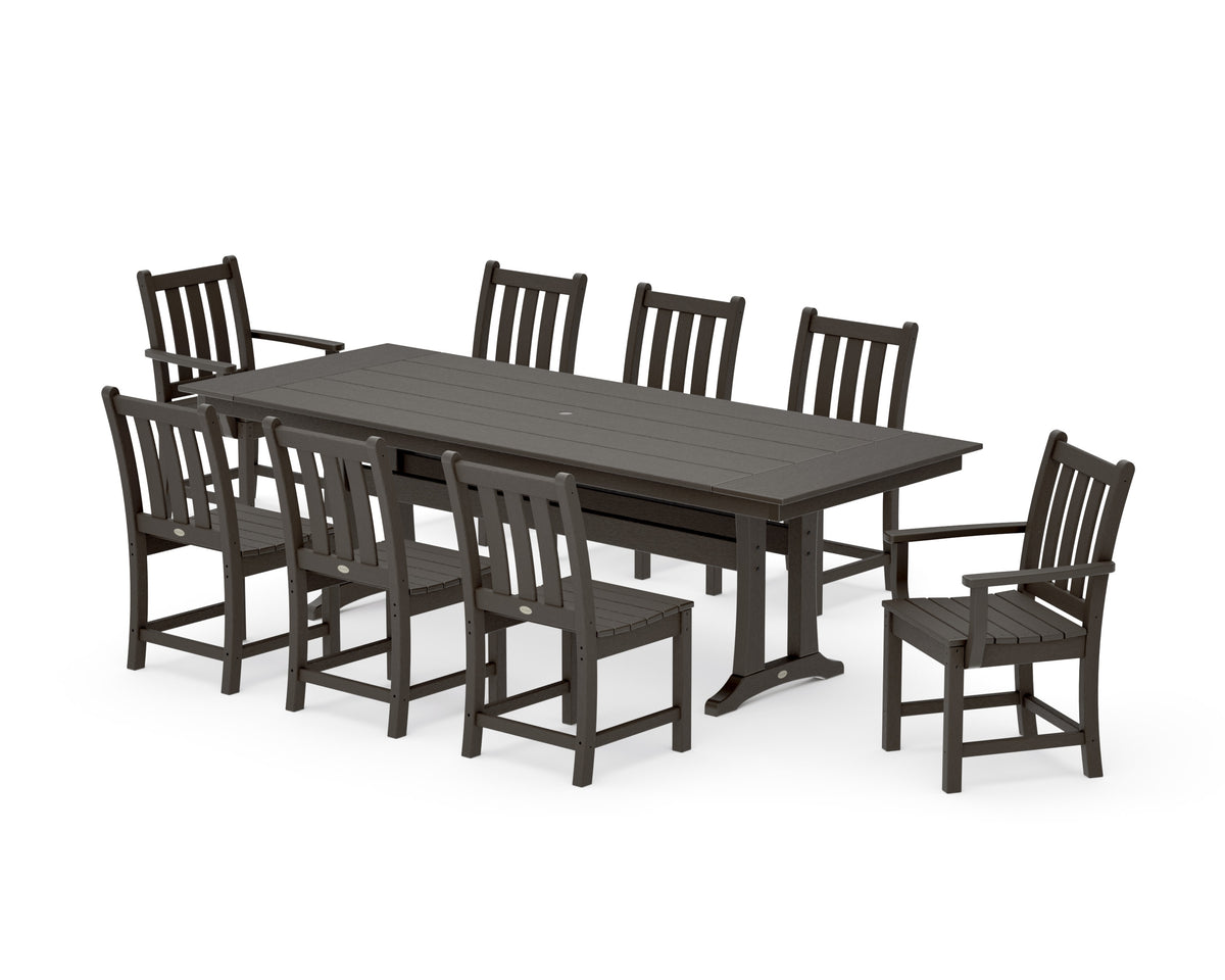 POLYWOOD Traditional Garden 9-Piece Farmhouse Dining Set with Trestle Legs in Vintage Coffee
