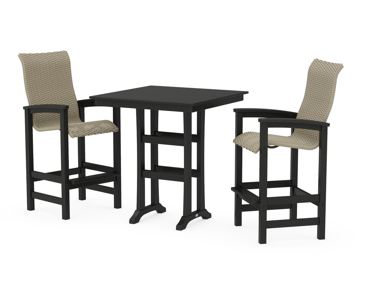 POLYWOOD Coastal Woven High-Back 3-Piece Farmhouse Bar Set with Trestle Legs in Black / Dune Grass