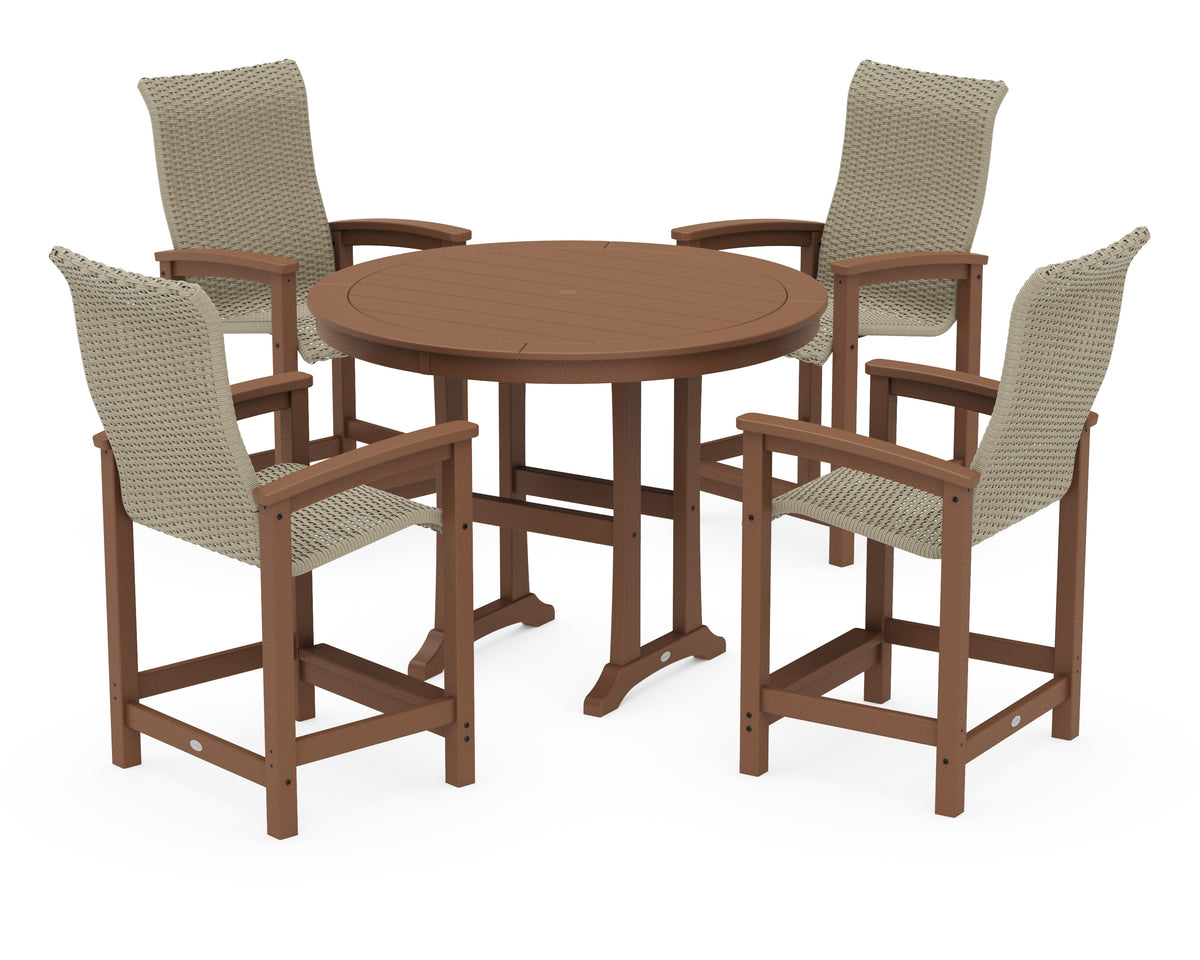 POLYWOOD Coastal Woven High-Back 5-Piece Round Counter Set in Teak / Dune Grass