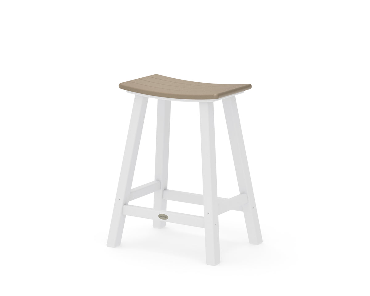 POLYWOOD Contempo 24" Saddle Counter Stool in White / Vintage Sahara
