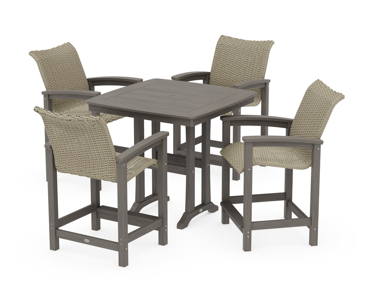 POLYWOOD Coastal Woven 5-Piece Counter Set with Trestle Legs in Driftwood / Dune Grass