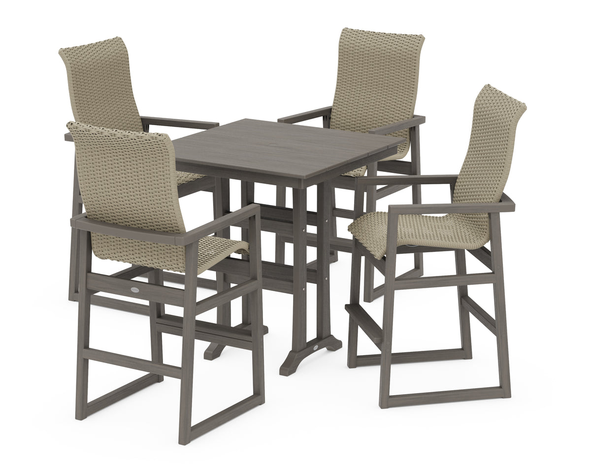 POLYWOOD EDGE Woven Highback 5-Piece Farmhouse Bar Set with Trestle Legs in Driftwood / Dune Grass