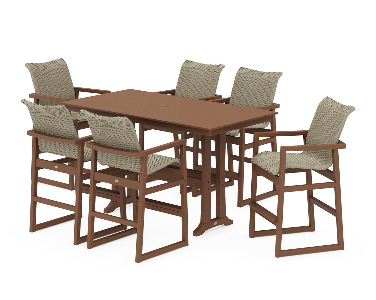 POLYWOOD EDGE Woven Arm Chair 7-Piece Farmhouse Bar Set with Trestle Legs in Teak / Dune Grass