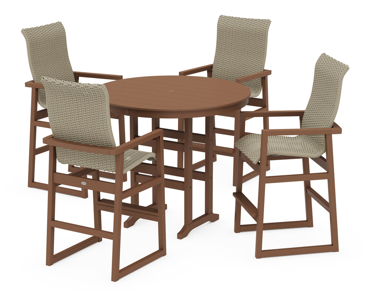 POLYWOOD EDGE Woven Highback 5-Piece Round Farmhouse Bar Set in Teak / Dune Grass