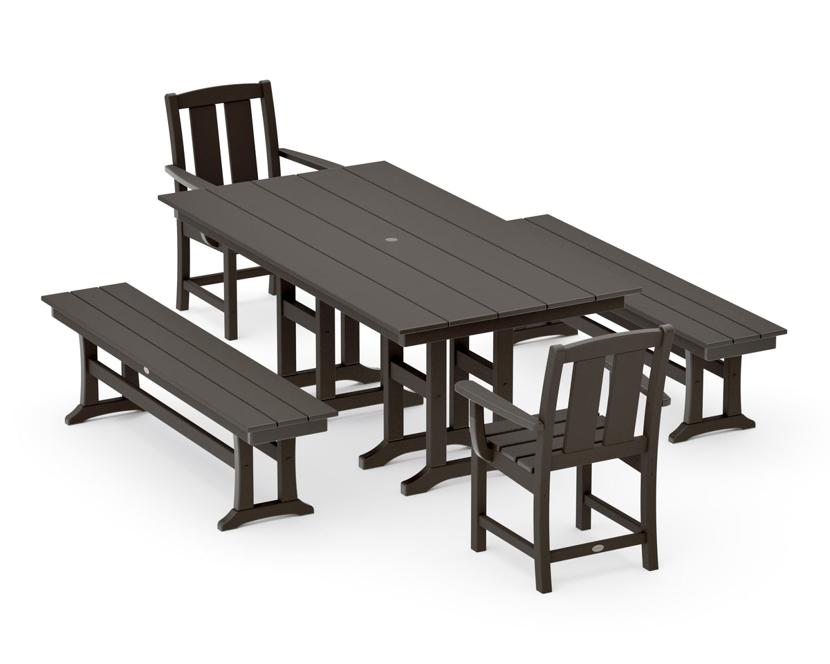 POLYWOOD Mission 5-Piece Farmhouse Dining Set with Benches in Vintage Coffee