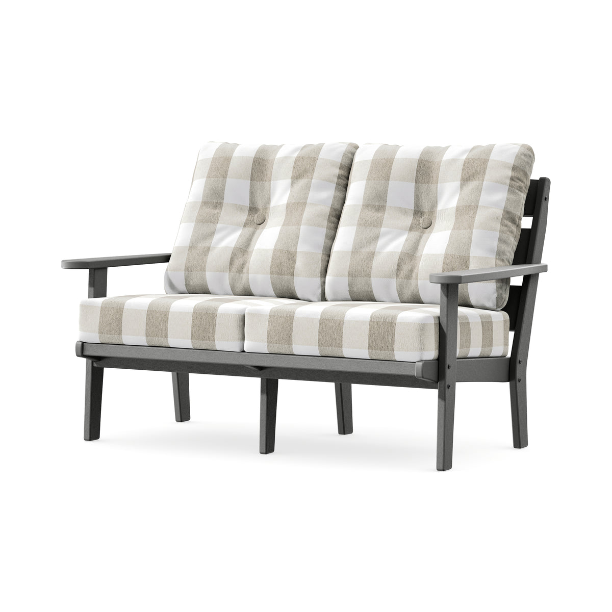 POLYWOOD Lakeside Deep Seating Loveseat in Slate Grey / Buffalo Plaid Dune Burlap
