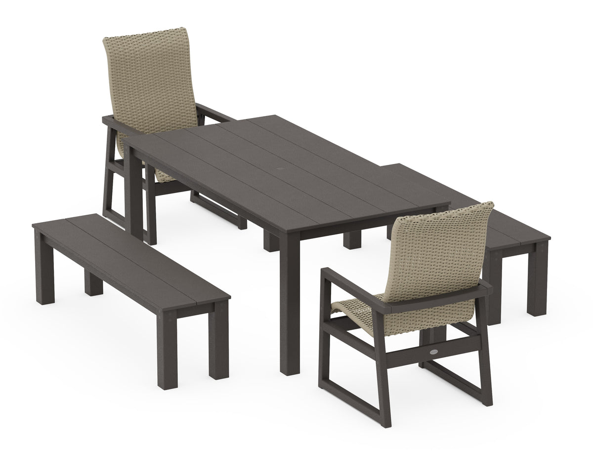 POLYWOOD EDGE Woven High-Back 5-Piece Parsons Dining Set with Benches in Vintage Coffee / Dune Grass