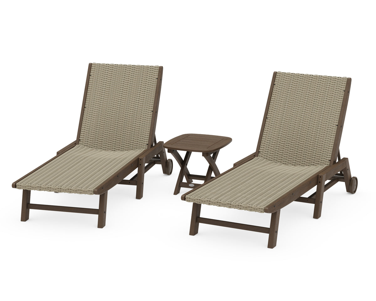 POLYWOOD 3-Piece Coastal Woven Chaise with Wheels Lounge Set in Kona / Dune Grass