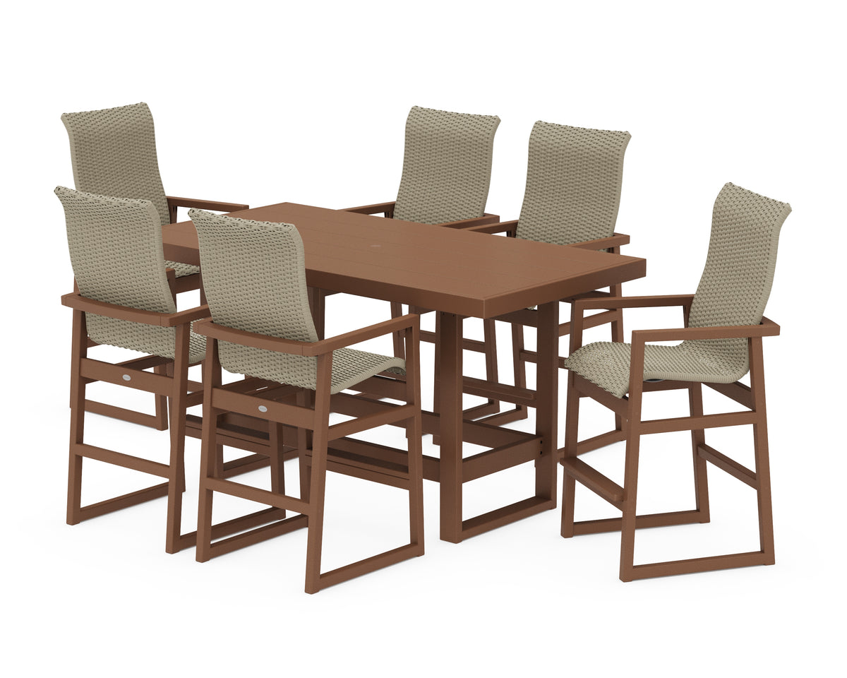 POLYWOOD EDGE Woven Highback Arm Chair 7-Piece Bar Set in Teak / Dune Grass