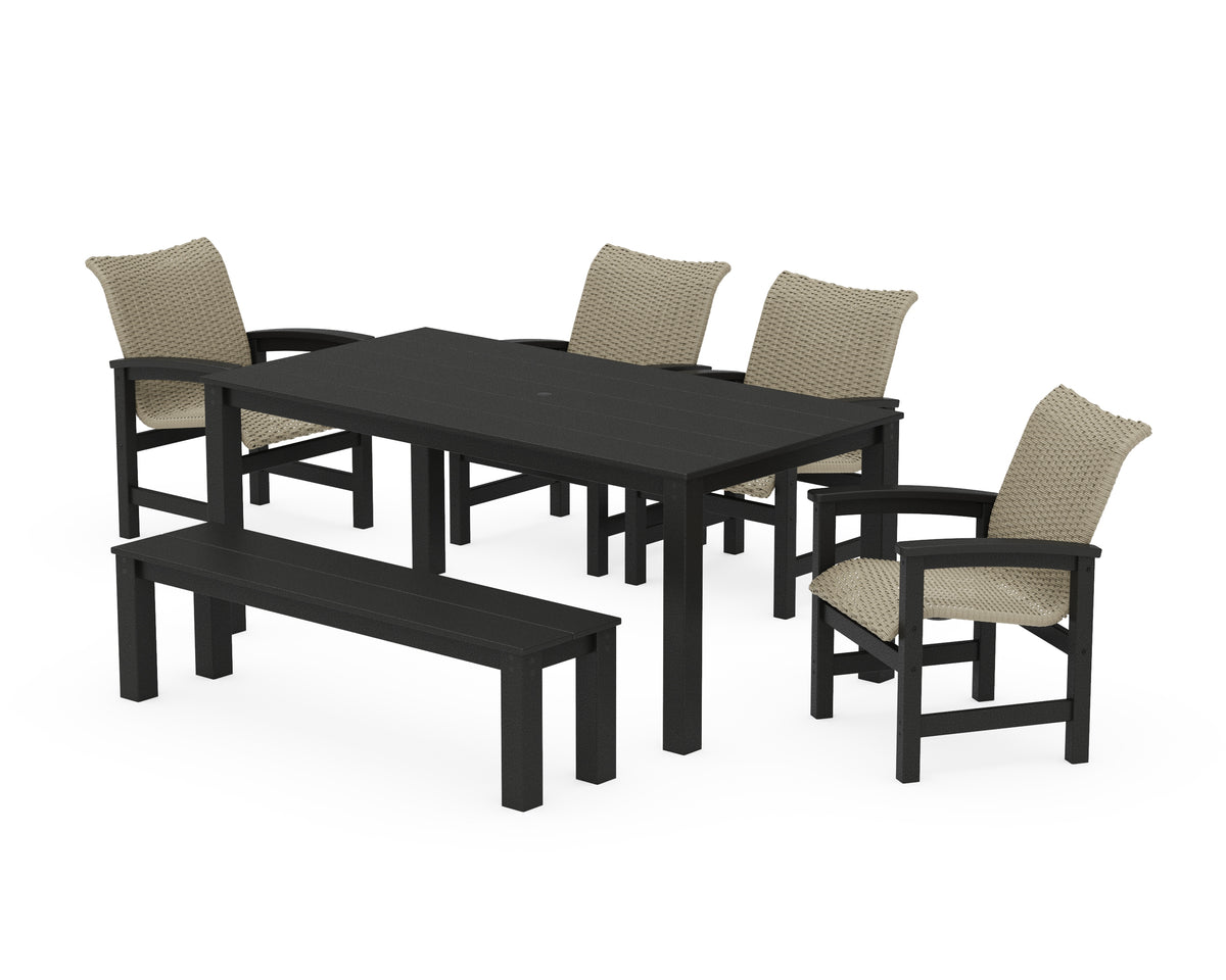 POLYWOOD Coastal Woven 6-Piece Parsons Dining Set with Bench in Black / Dune Grass