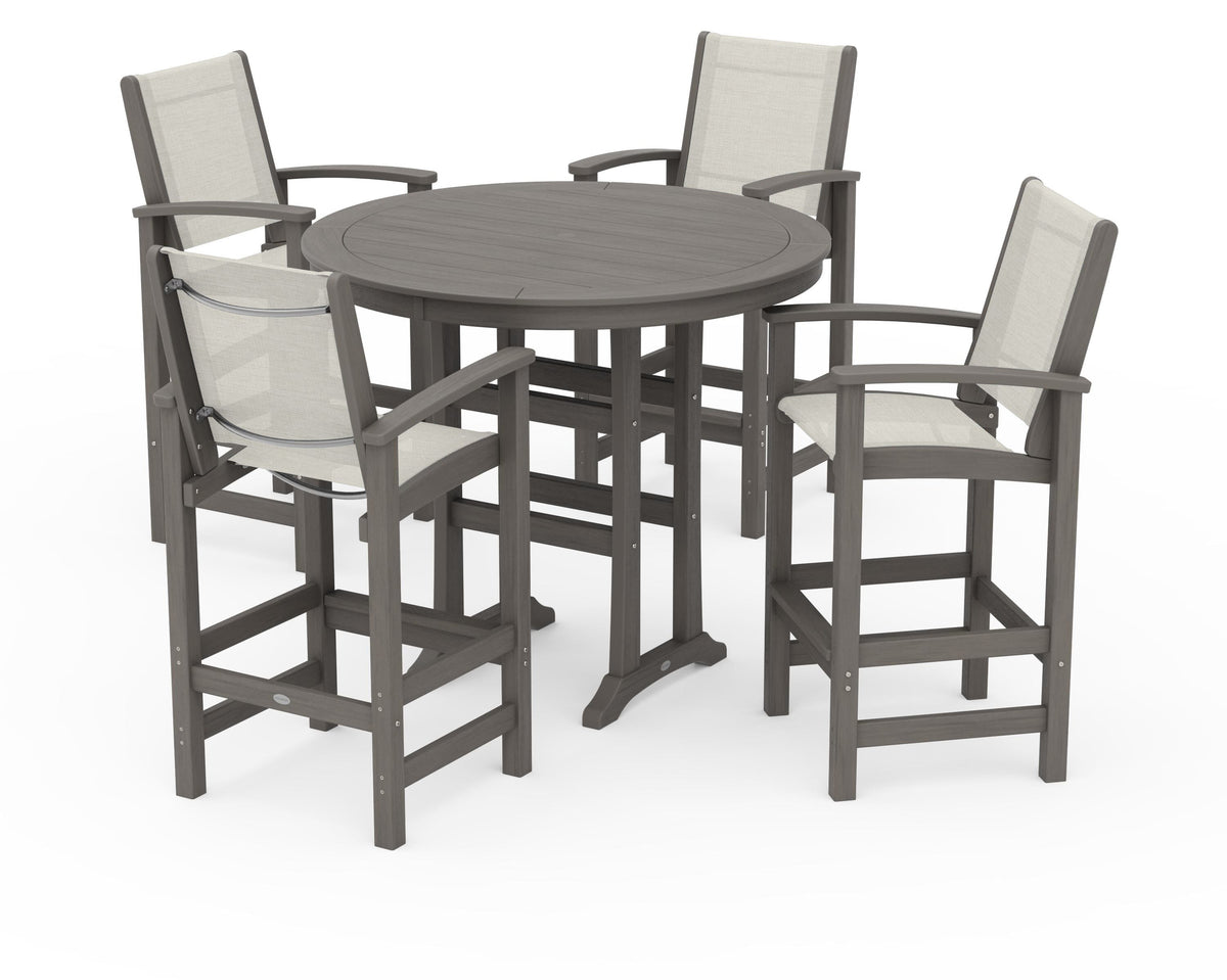 POLYWOOD Coastal 5-Piece Nautical Trestle Bar Set in Driftwood / Parchment
