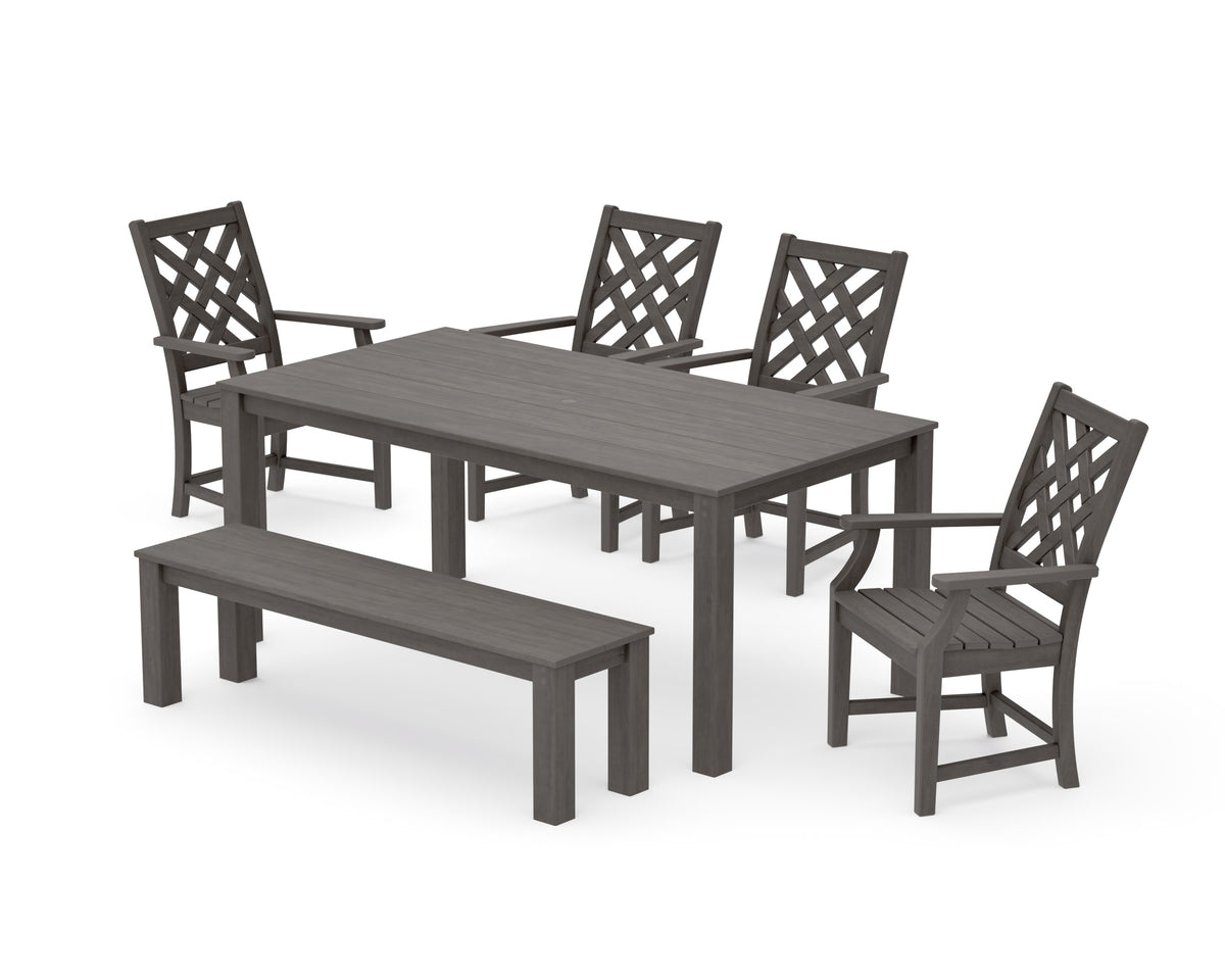 POLYWOOD Wovendale 6-Piece Parsons Dining Set with Bench in Driftwood