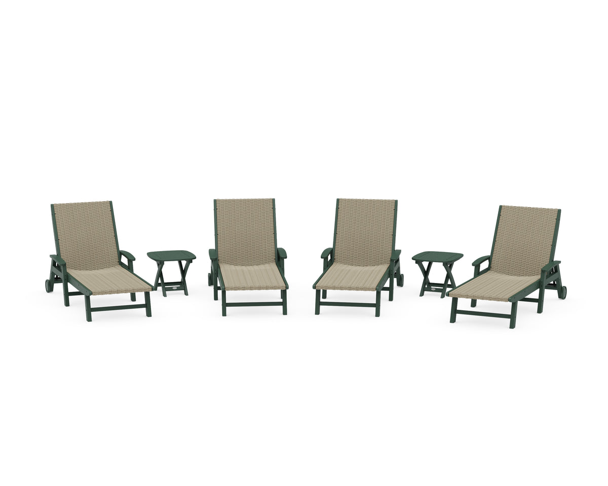 POLYWOOD 6-Piece Coastal Woven Chaise with Arms and Wheels Lounge Set in Green / Dune Grass