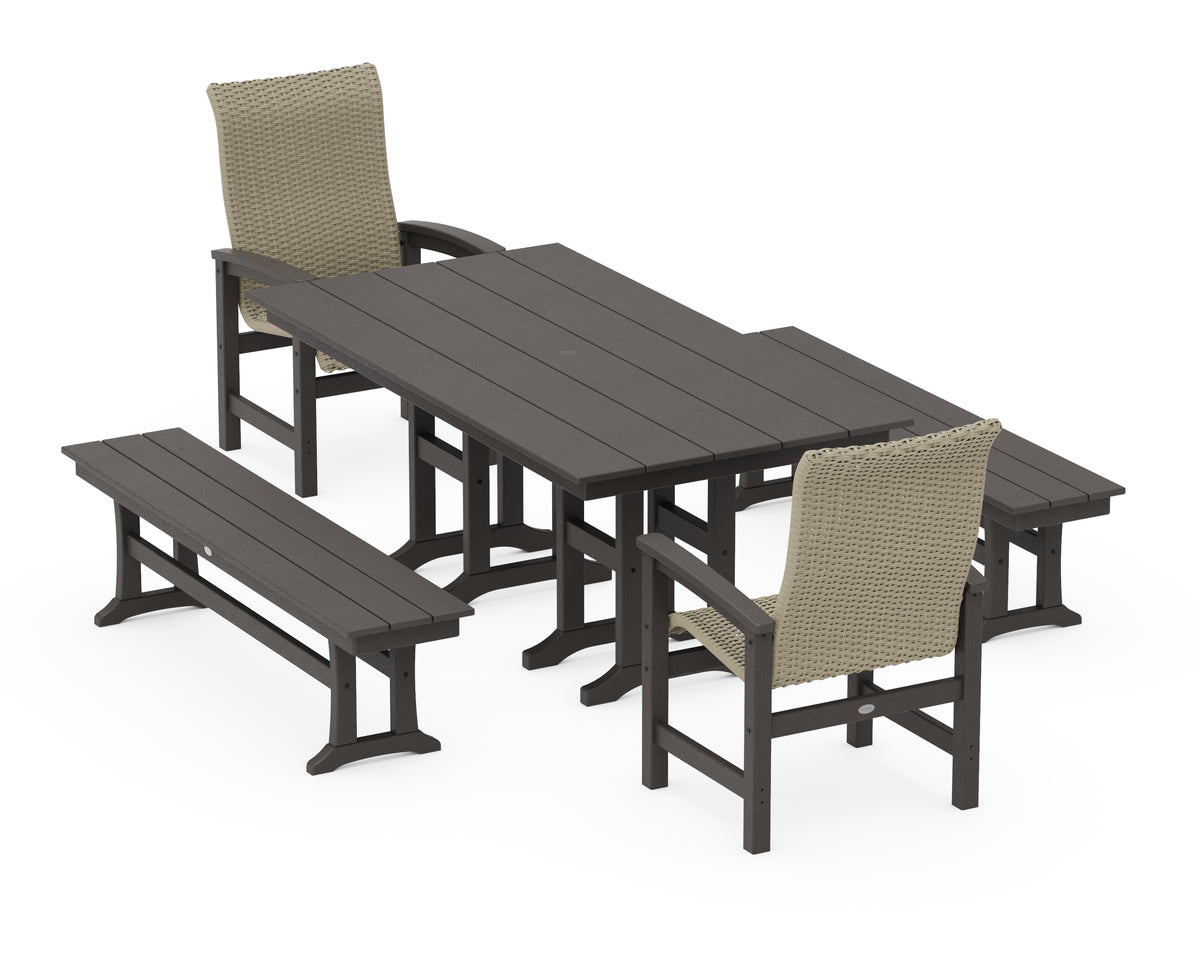POLYWOOD Coastal Woven High-Back 5-Piece Farmhouse Dining Set with Benches in Vintage Coffee / Dune Grass