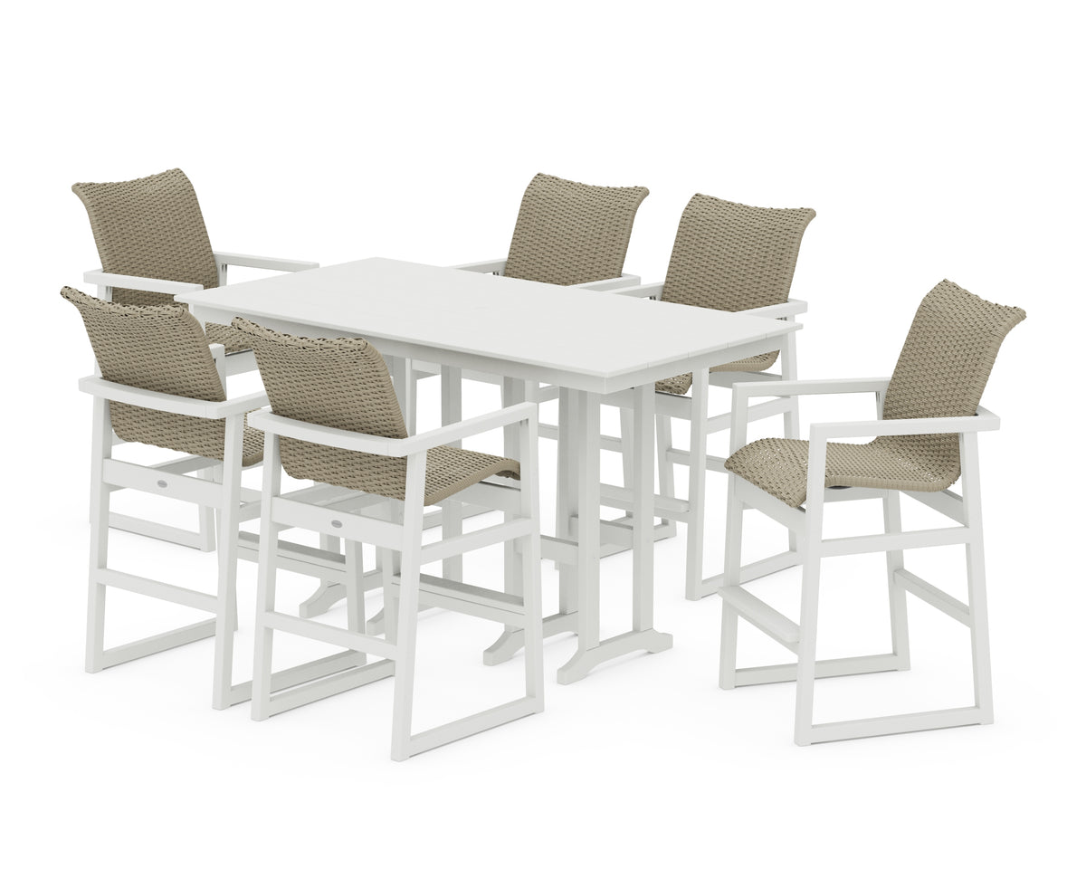 POLYWOOD EDGE Woven Arm Chair 7-Piece Farmhouse Bar Set in Vintage White / Dune Grass
