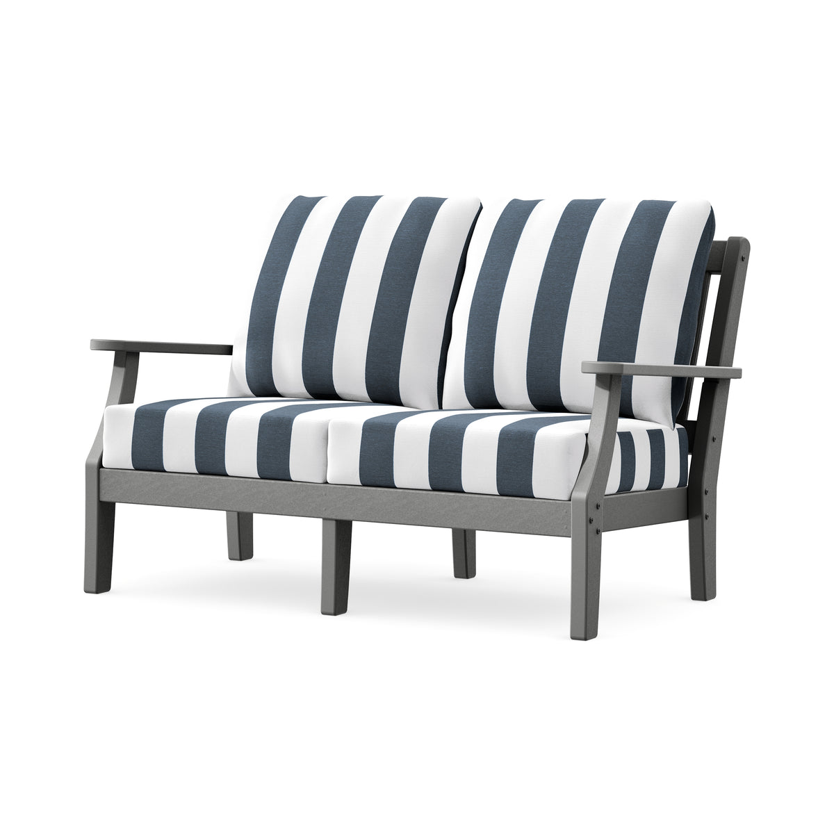 POLYWOOD Chinoiserie Deep Seating Loveseat in Slate Grey / Cabana Stripe Marine Indigo