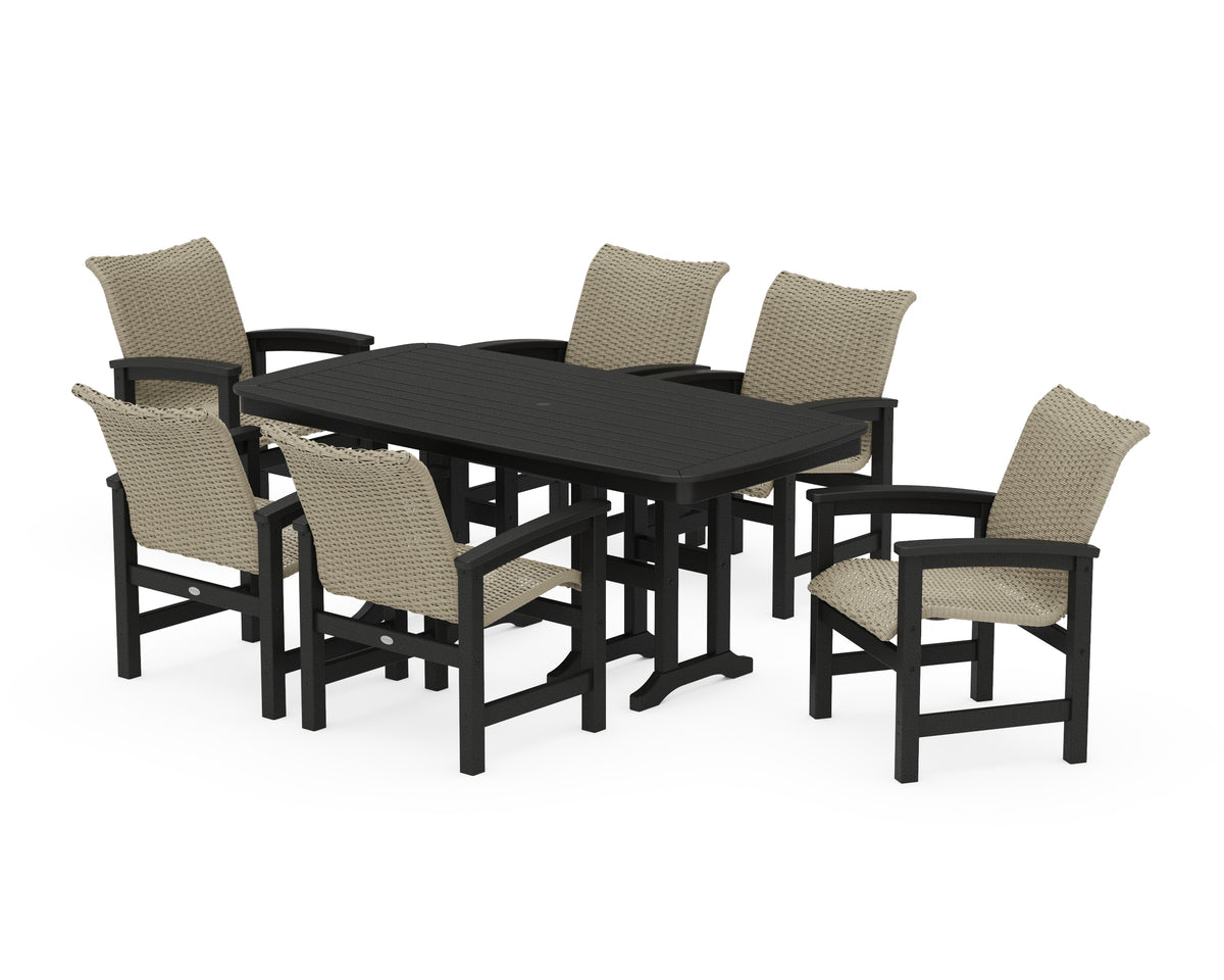 POLYWOOD Coastal Woven Arm Chair 7-Piece Dining Set in Black / Dune Grass