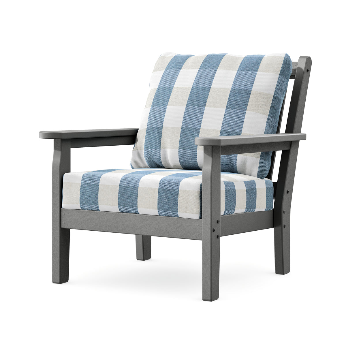 POLYWOOD Chippendale Deep Seating Chair in Slate Grey / Buffalo Plaid Sky Blue