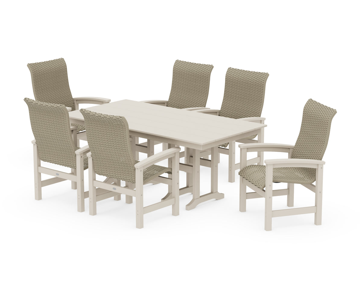 POLYWOOD Coastal Woven High-Back Arm Chair 7-Piece Farmhouse Dining Set in Sand / Dune Grass