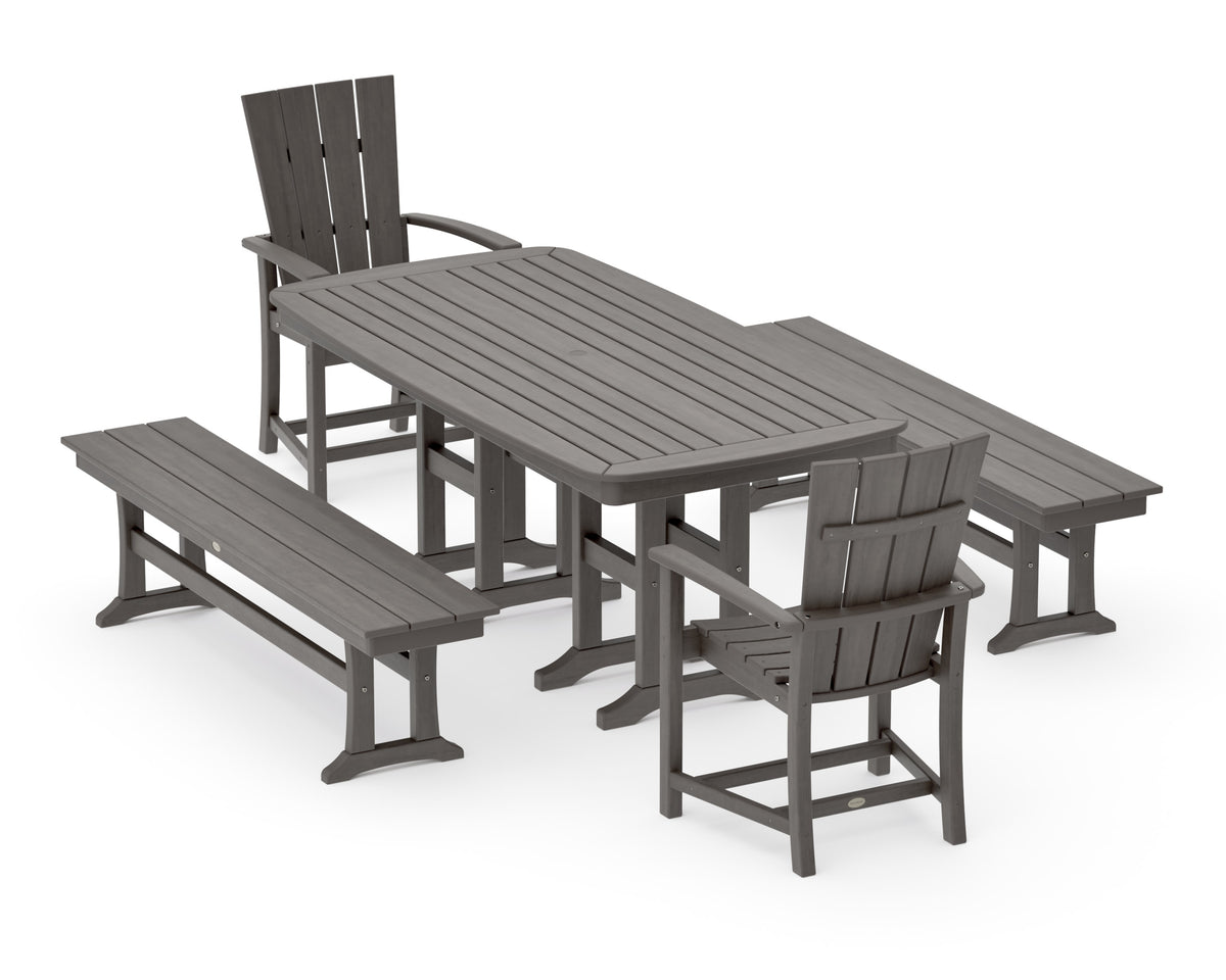 POLYWOOD Quattro 5-Piece Nautical Dining Set with Benches in Driftwood