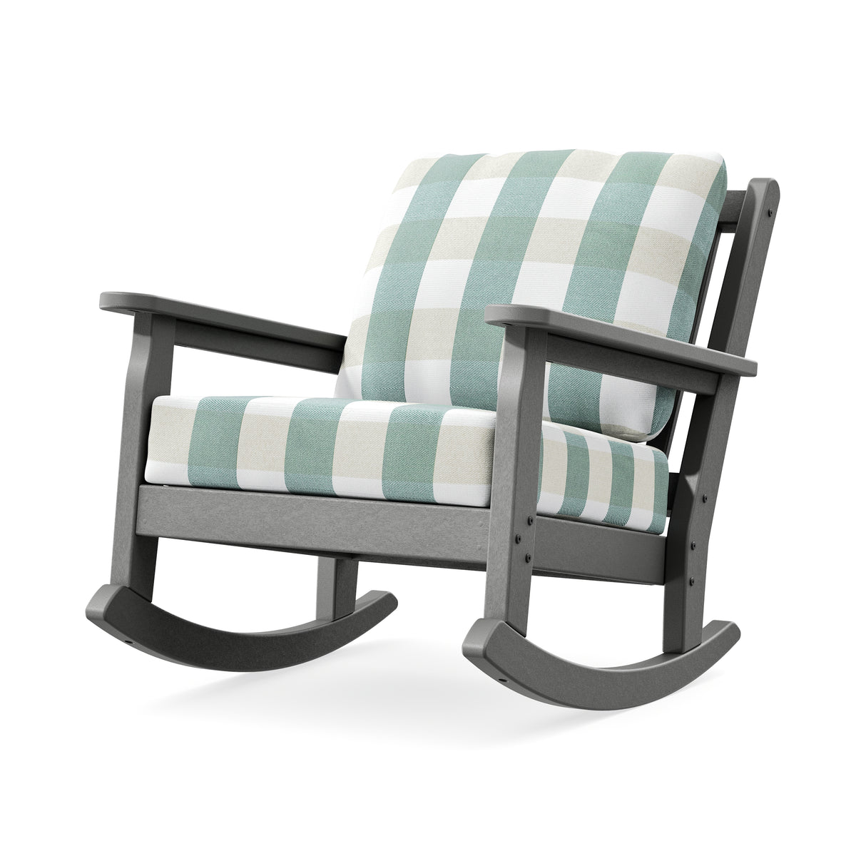 POLYWOOD Chippendale Deep Seating Rocking Chair in Slate Grey / Buffalo Plaid Glacier Spa