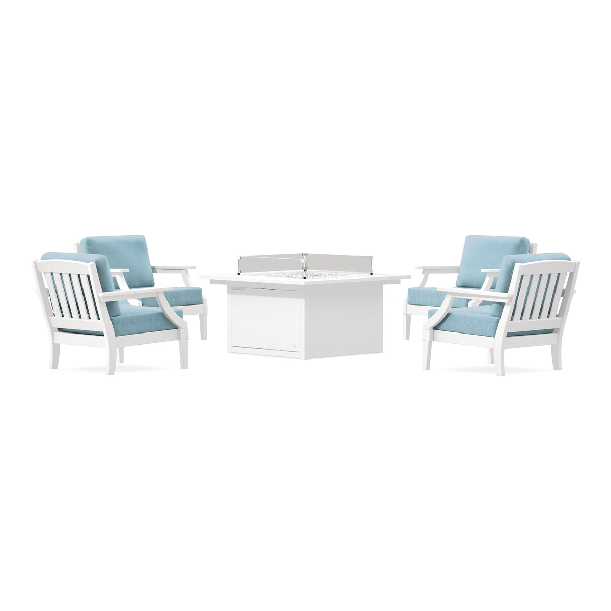 POLYWOOD PW Designer Series Estate 5-Piece Lounge Fire Table Set in Vintage White / Lattice Sky Blue