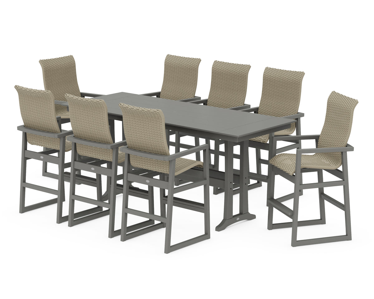 POLYWOOD EDGE Woven Highback 9-Piece Farmhouse Bar Set with Trestle Legs in Slate Grey / Dune Grass