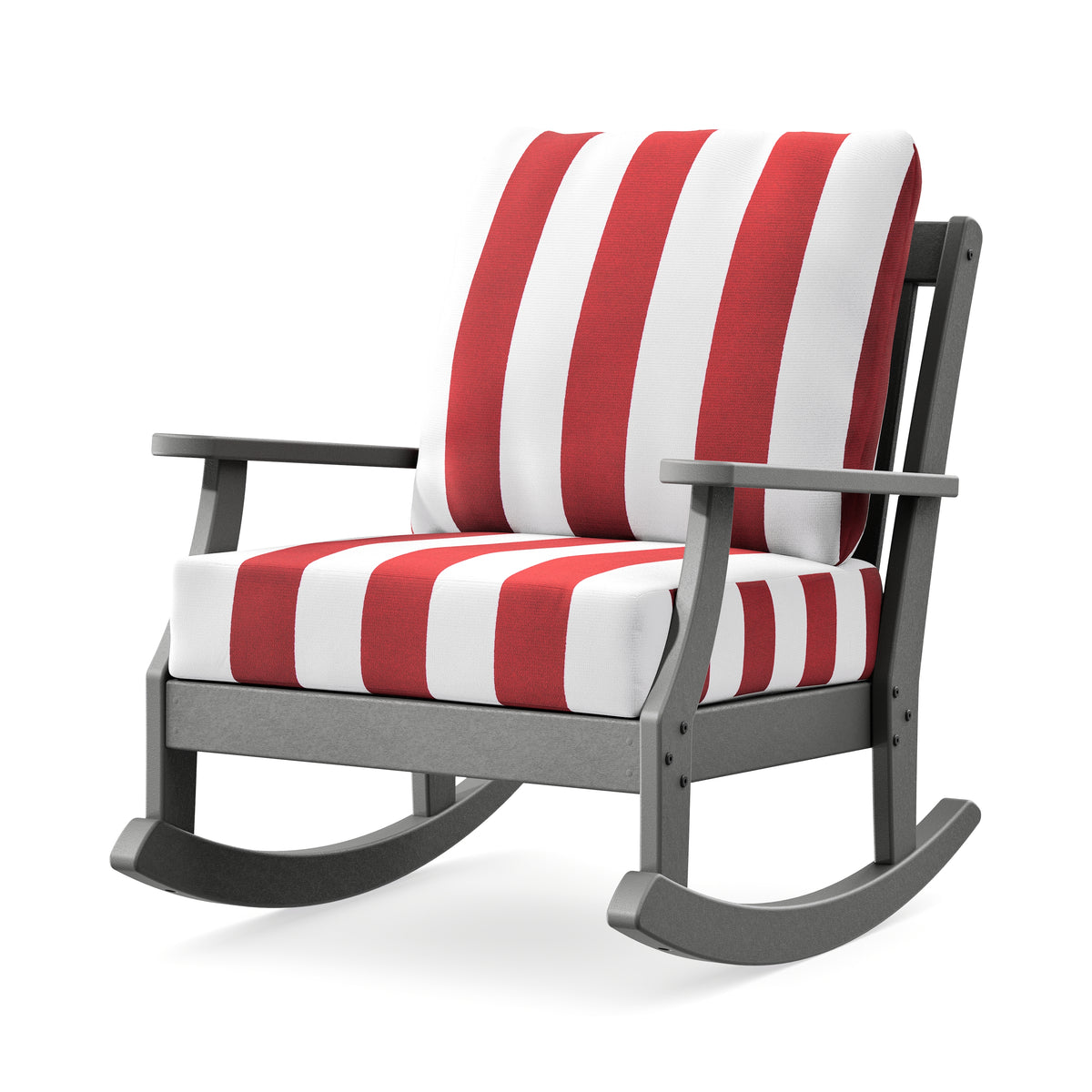 POLYWOOD Braxton Deep Seating Rocking Chair in Slate Grey / Cabana Stripe Crimson