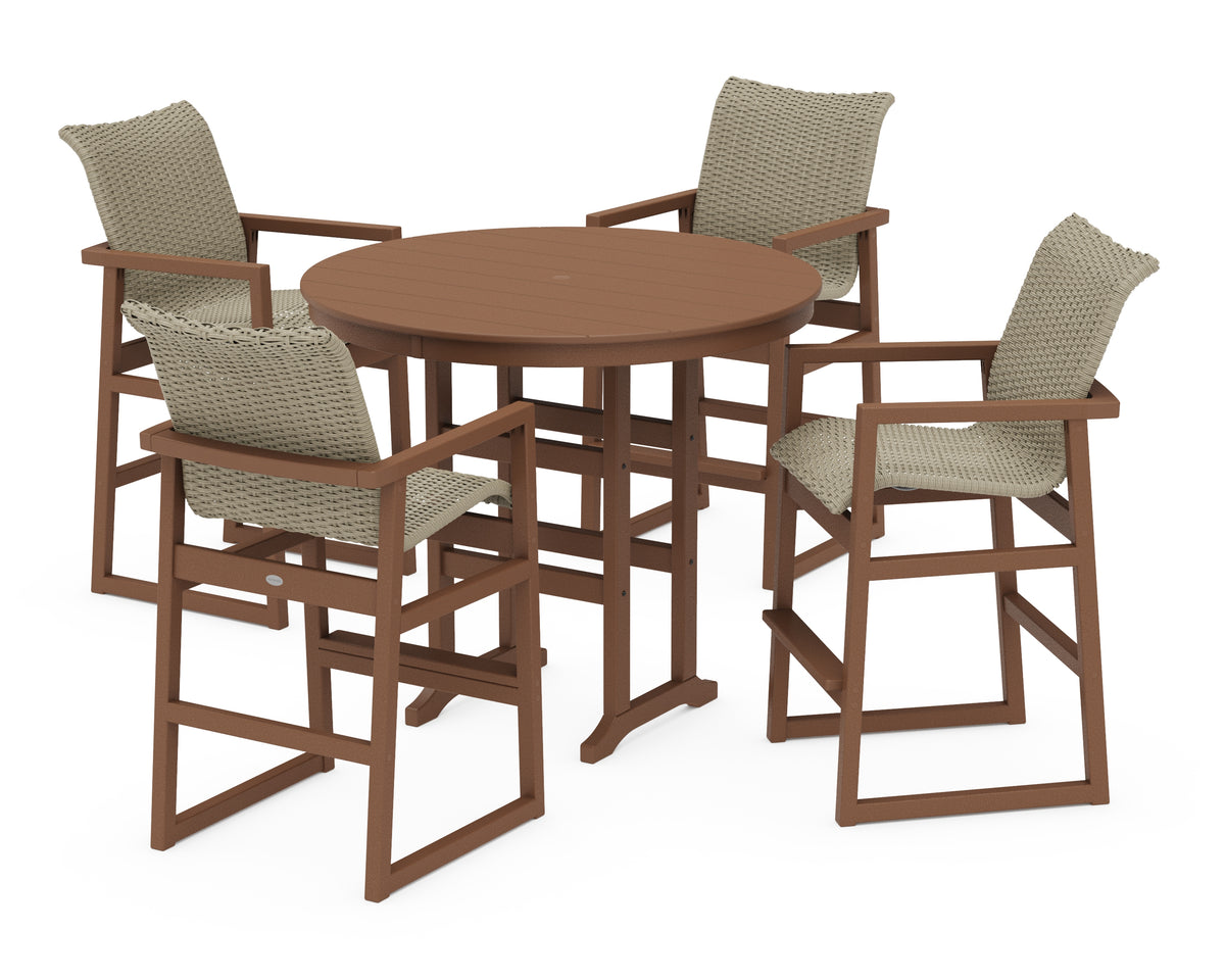 POLYWOOD EDGE Woven 5-Piece Round Farmhouse Bar Set in Teak / Dune Grass