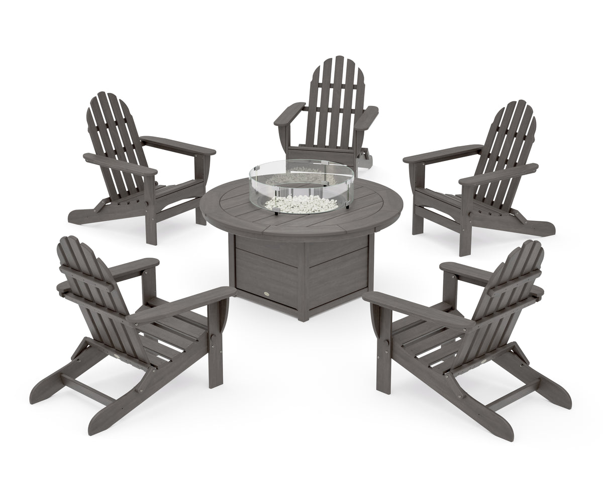 POLYWOOD Classic Folding Adirondack 6-Piece Conversation Set with Fire Pit Table in Driftwood