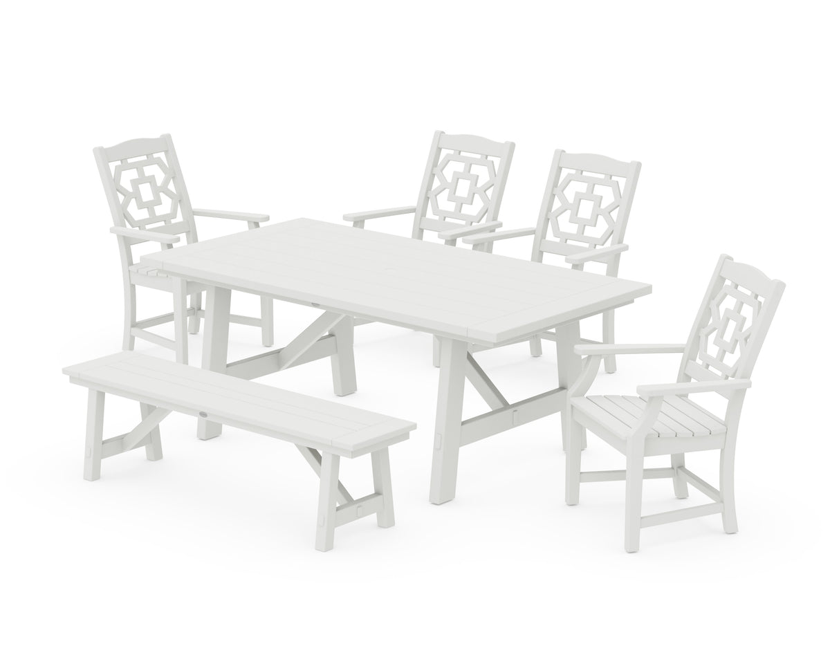 POLYWOOD Chinoiserie 6-Piece Rustic Farmhouse Dining Set with Bench in Vintage White