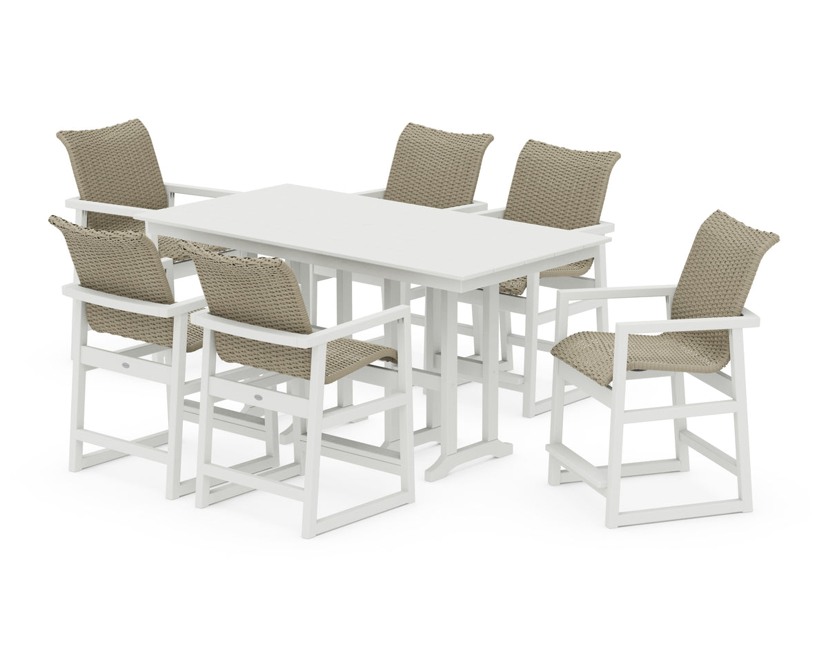 POLYWOOD EDGE Woven Arm Chair 7-Piece Farmhouse Counter Set in White / Dune Grass