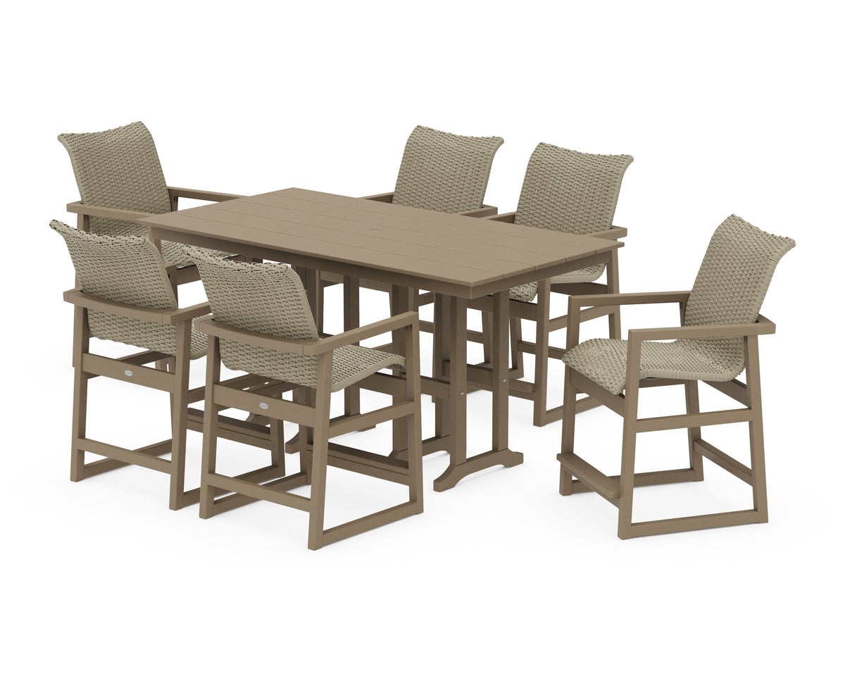 POLYWOOD EDGE Woven Arm Chair 7-Piece Farmhouse Counter Set in Vintage Sahara / Dune Grass
