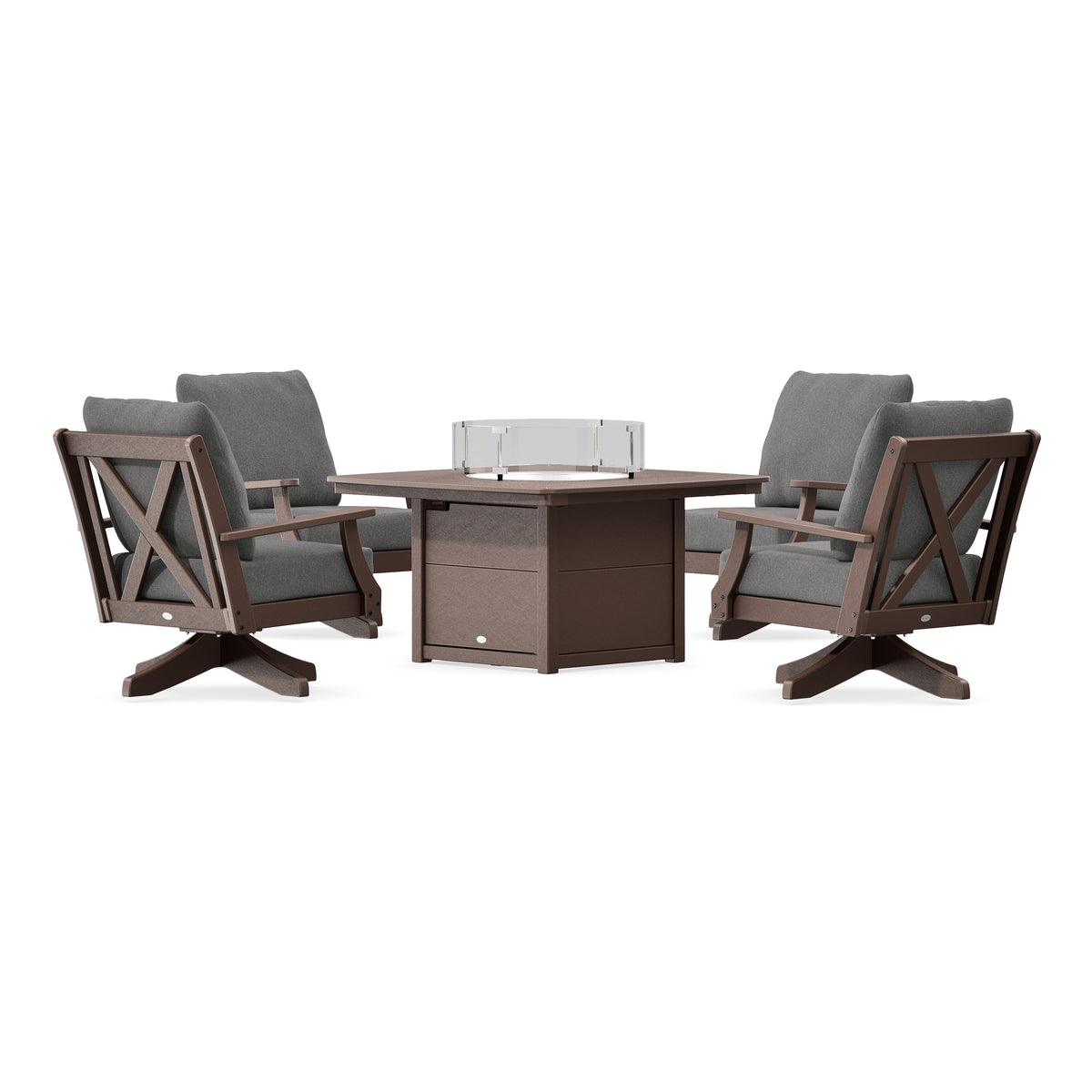 POLYWOOD Braxton 5-Piece Deep Seating Swivel Conversation Set with Fire Pit Table in Mahogany