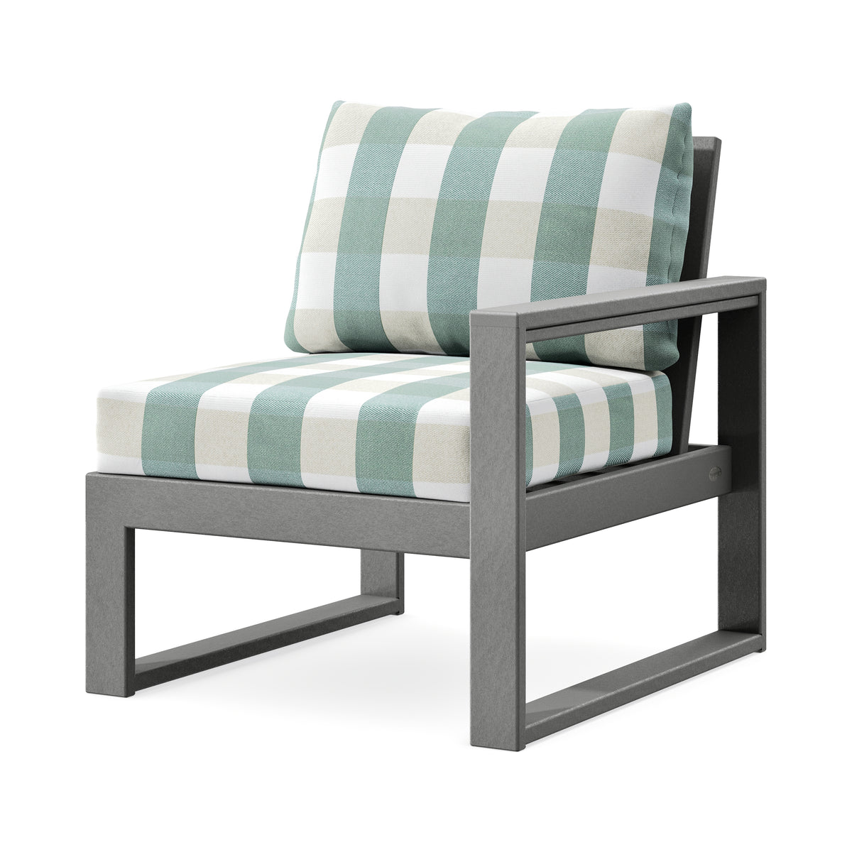 POLYWOOD EDGE Modular Right Arm Chair in Slate Grey / Buffalo Plaid Glacier Spa
