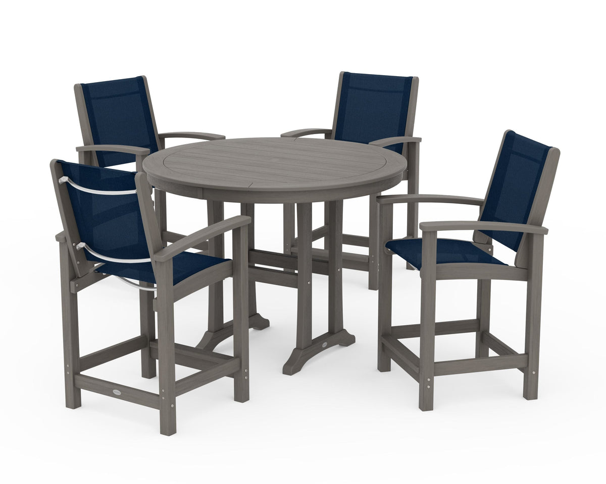 POLYWOOD Coastal 5-Piece Counter Set in Driftwood / Navy Blue