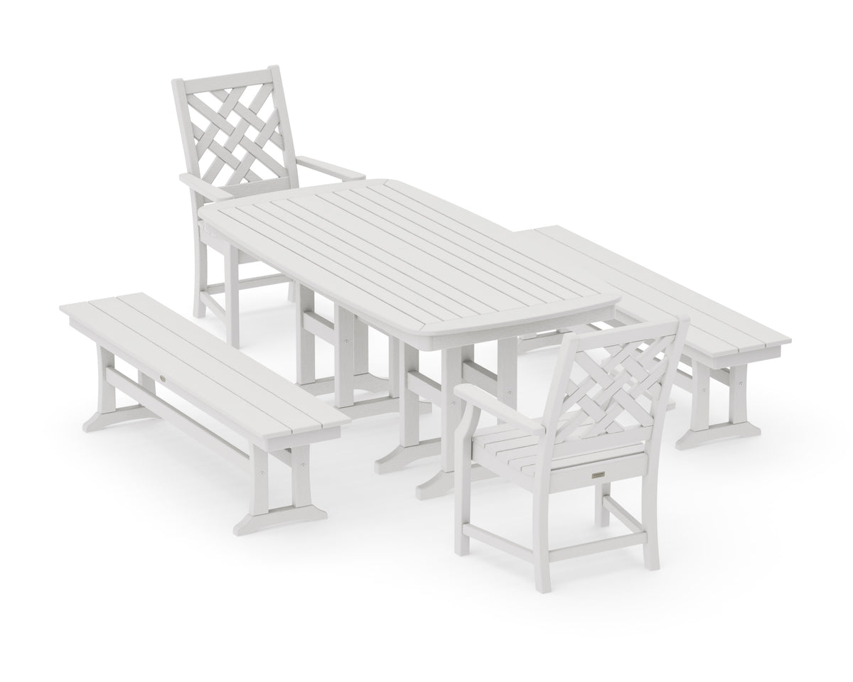 POLYWOOD Wovendale 5-Piece Dining Set with Benches in Vintage White