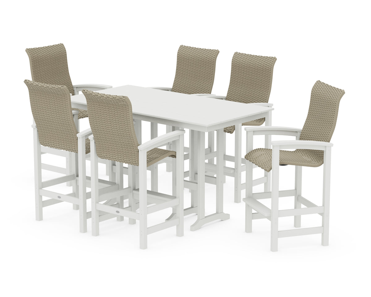 POLYWOOD Coastal Woven High-Back Arm Chair 7-Piece Farmhouse Bar Set in White / Dune Grass