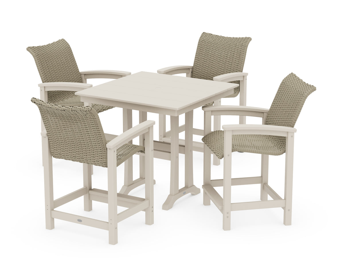 POLYWOOD Coastal Woven 5-Piece Farmhouse Counter Set with Trestle Legs in Sand / Dune Grass