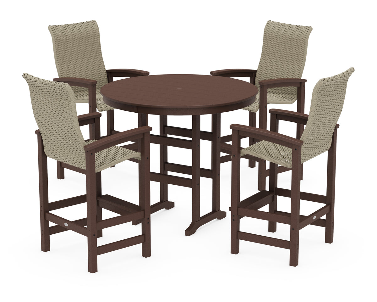 POLYWOOD Coastal Woven High-Back 5-Piece Round Farmhouse Bar Set in Mahogany / Dune Grass
