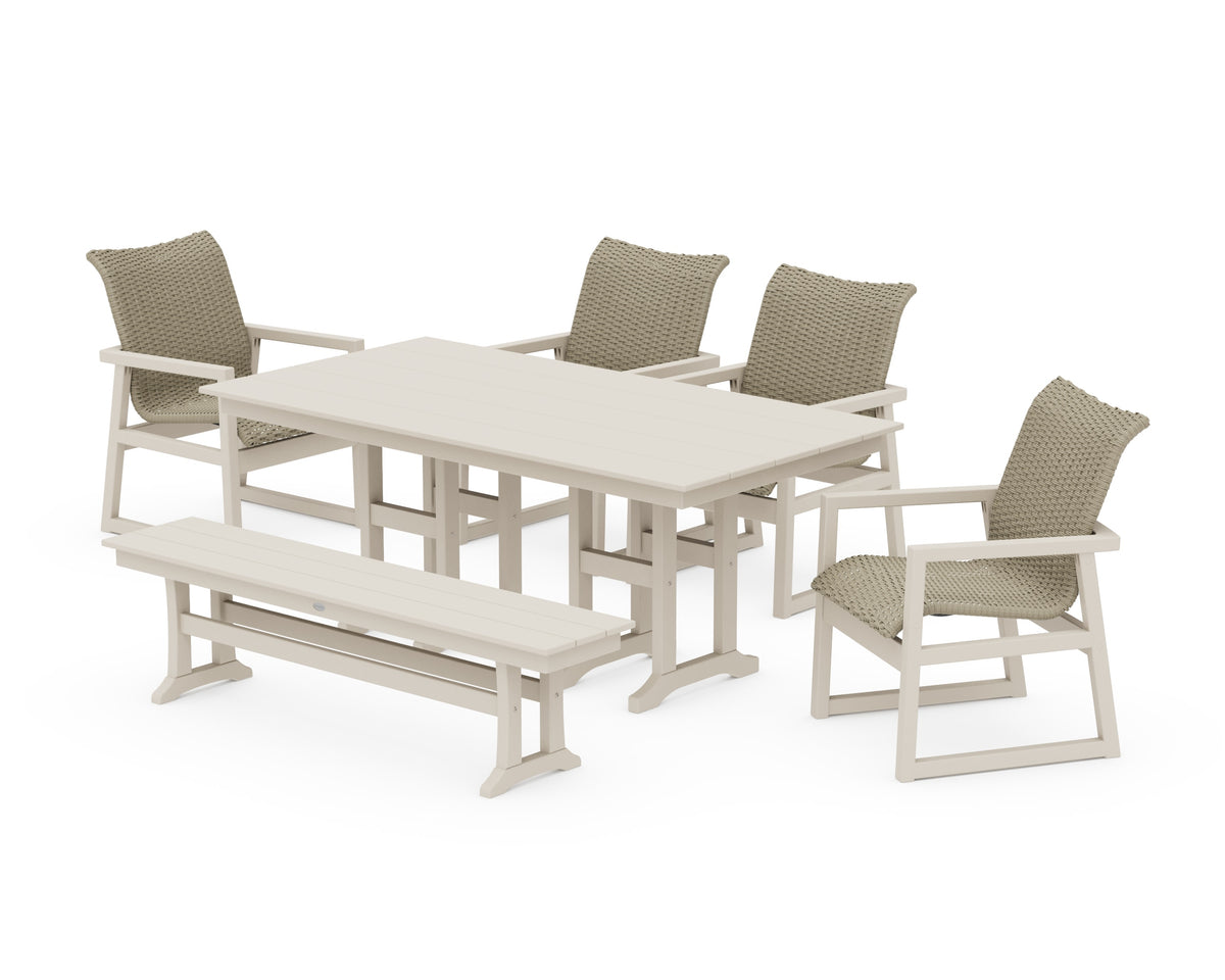 POLYWOOD EDGE Woven 6-Piece Farmhouse Dining Set with Bench in Sand / Dune Grass
