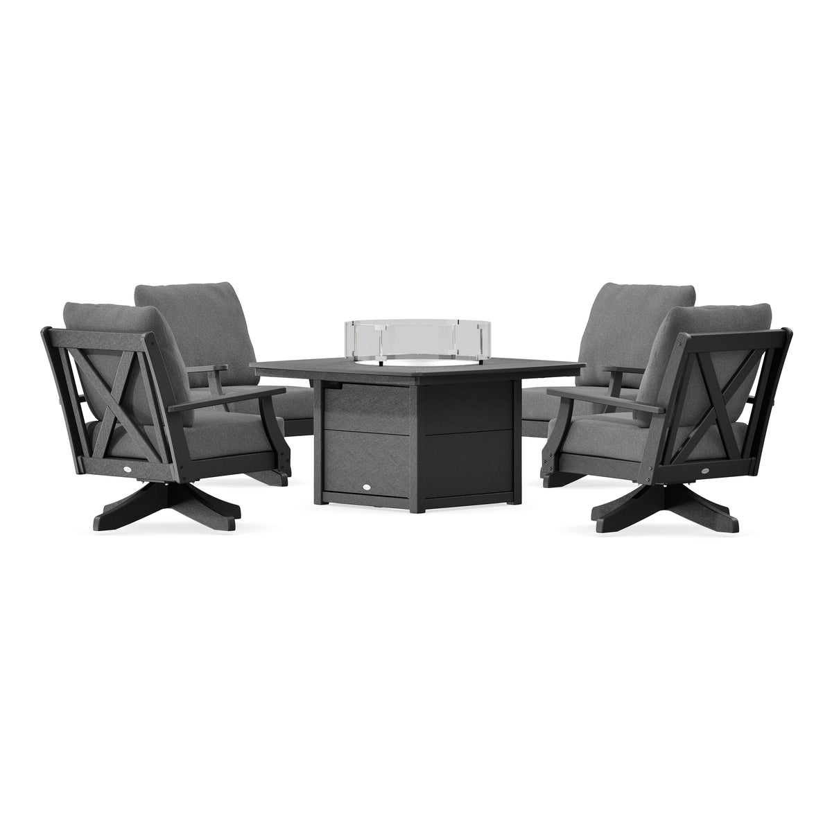 POLYWOOD Braxton 5-Piece Deep Seating Swivel Conversation Set with Fire Pit Table in Black