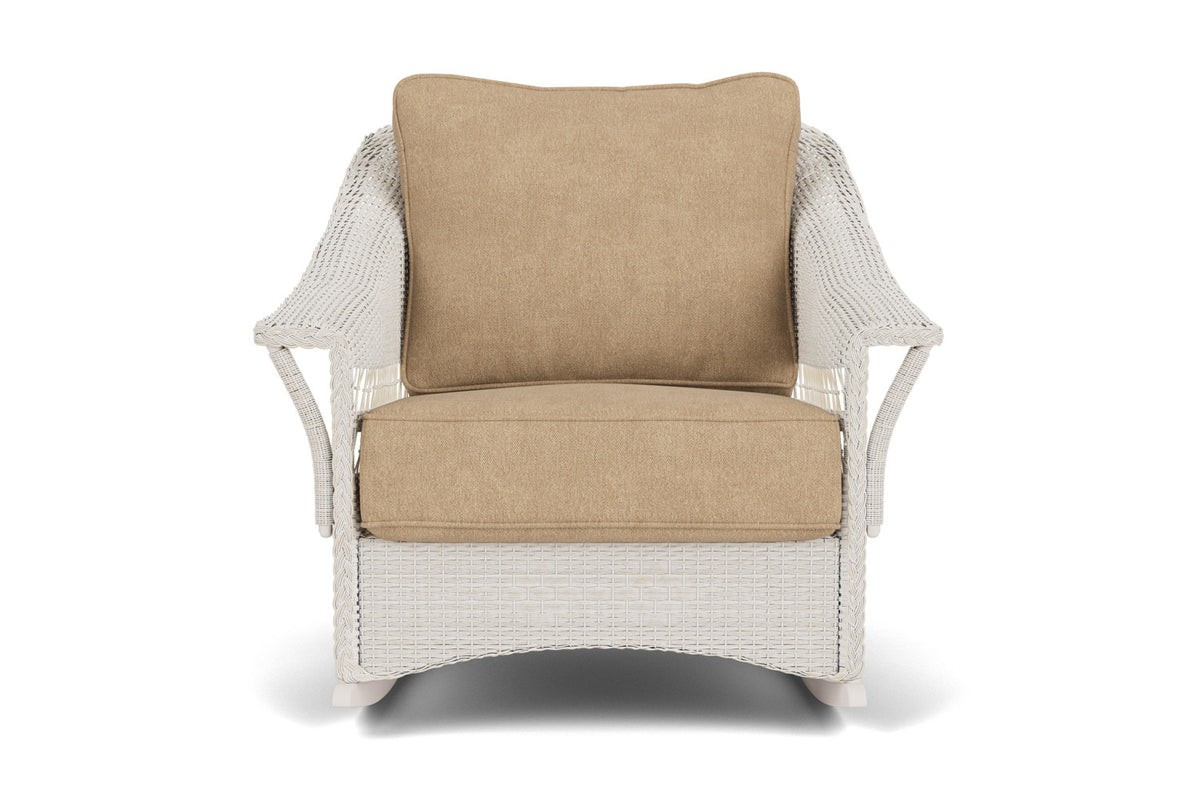 Lloyd Flanders Nantucket Lounge Rocker in Antique White with Hayden Sand fabric