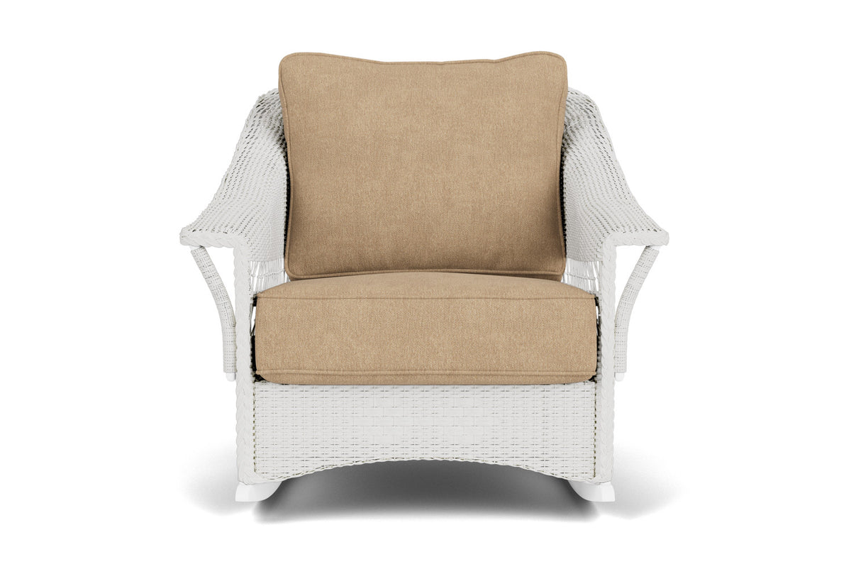 Lloyd Flanders Nantucket Lounge Rocker in Matte White with Hayden Sand fabric