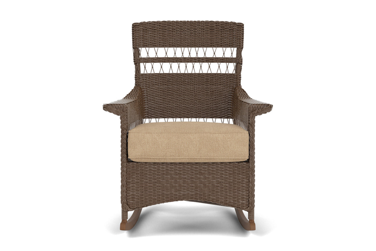 Lloyd Flanders Nantucket Porch Rocker in Bark with Hayden Sand fabric