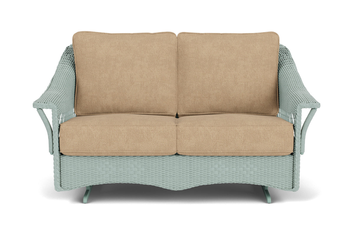 Lloyd Flanders Nantucket Loveseat Glider in Sea Glass with Hayden Sand fabric