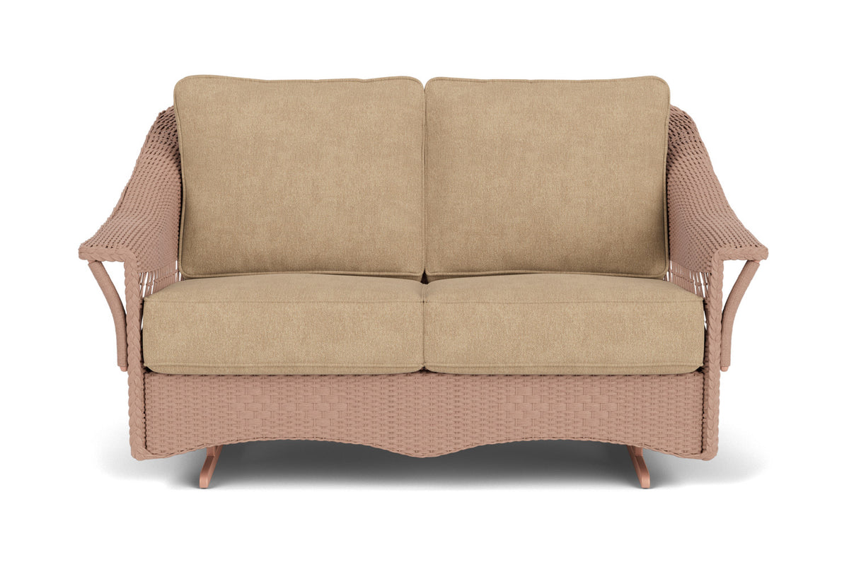 Lloyd Flanders Nantucket Loveseat Glider in Rosewood with Hayden Sand fabric